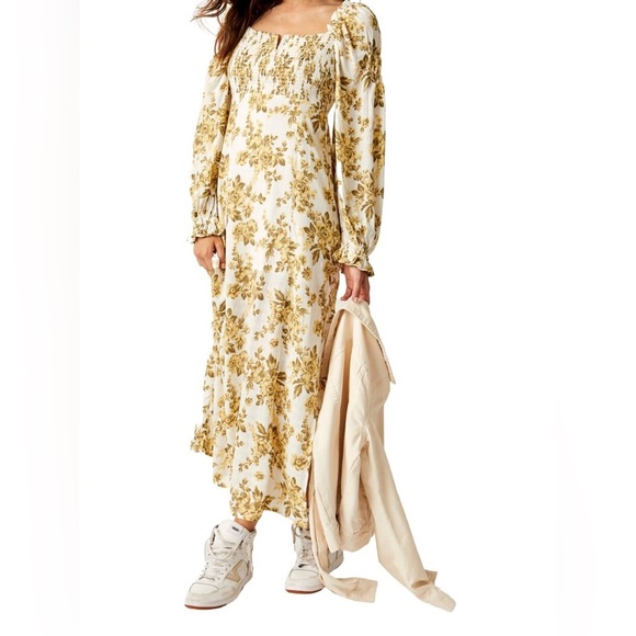 Free People Jaymes Midi Dress Pastry Cream Size XS Boho Milkmaid Smocked Floral - Picture 16 of 16